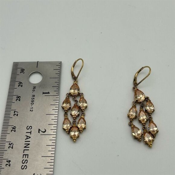Vintage Art Deco 925 Gold Chandelier Earrings Cubic Zirconia Rhinestones Classic - Picture 4 of 9